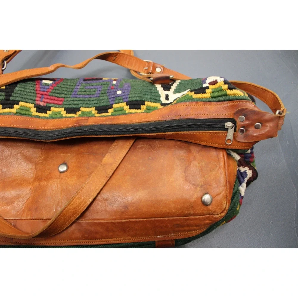 Vintage Handmade Woven Tote Bag Leather Trim Boho Guatemala Alpaca Wool Travel - Picture 11 of 14